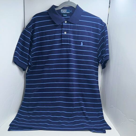 POLO by RALPH LAUREN MENS LARGE  COTTON Short Sleeved NAVY BLUE w/ STRIPES  EUC - Picture 1 of 15